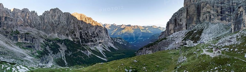Rifugio Maria E Alberto Ai Brentai mountain hut and rocky peak, Brenta, Trentino, Italy