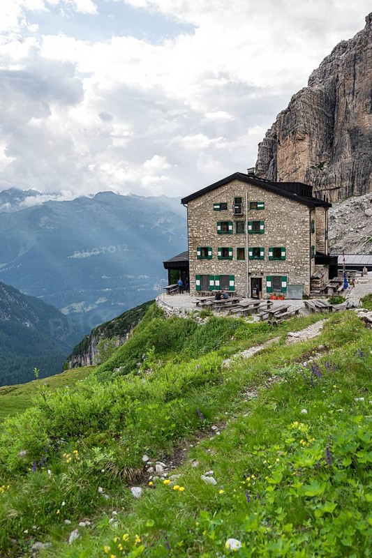 Rifugio Maria E Alberto Ai Brentai mountain hut and rocky peak, Brenta, Trentino, Italy