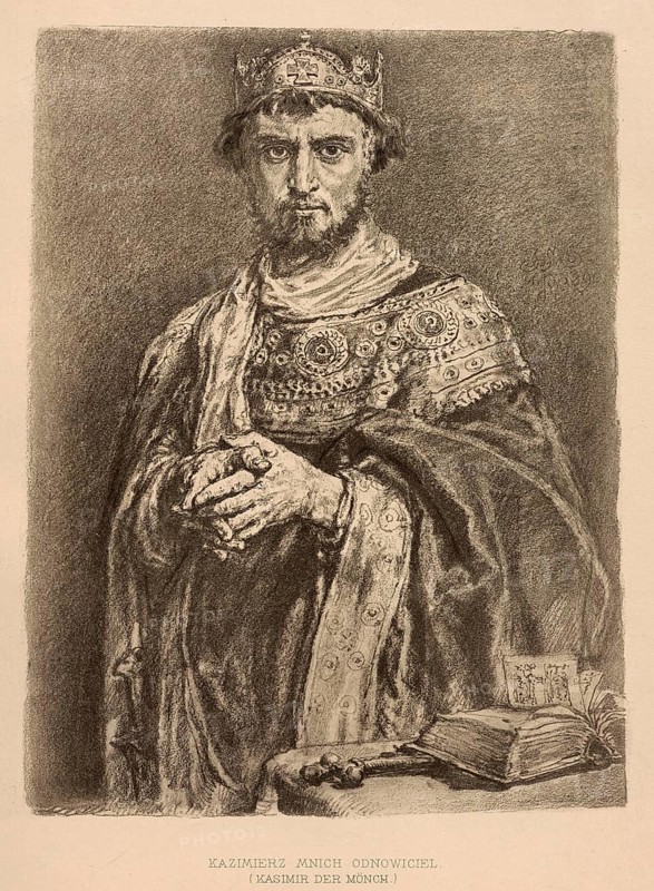 Casimir I Charles the Renewer, Polish: Kazimierz I Odnowiciel, (born 26 July 1016, died 28 November 1058 in Poznan) was the son of the Polish King Mieszko II Lambert from his marriage to the niece of Emperor Otto III, the German Princess Richeza. Casimir was therefore the great-grandson of Emperor Otto II and a cognate of the German high nobility. He descended in the male line from the Polish Piast dynasty and was Duke of Poland from 1034 to 1058, authentic, digitally restored reproduction from a 19th century model, exact date of depiction unknown, historical