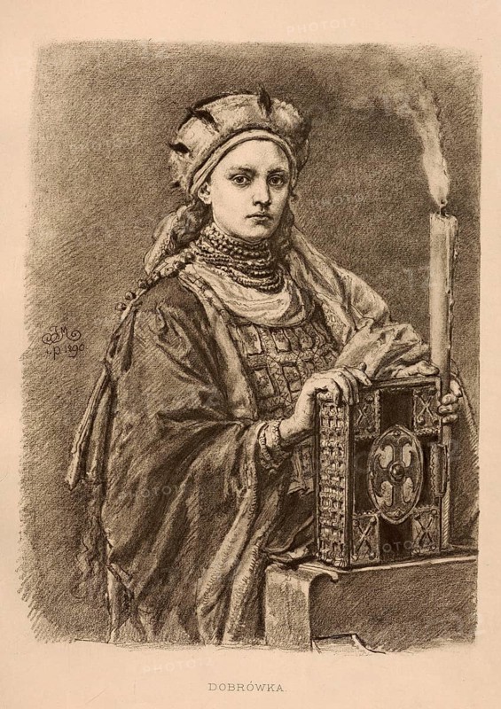 Dubrawka of Bohemia, also Dabrowka, Dabrówka, Dobrawa Przemyslidka (died 977) from the ruling family of the Premyslids was from 965 as woman of the Polish Duke Mieszko I. Duchess of Poland, authentic, digitally restored reproduction from a 19th century model, exact date of depiction unknown, Historical