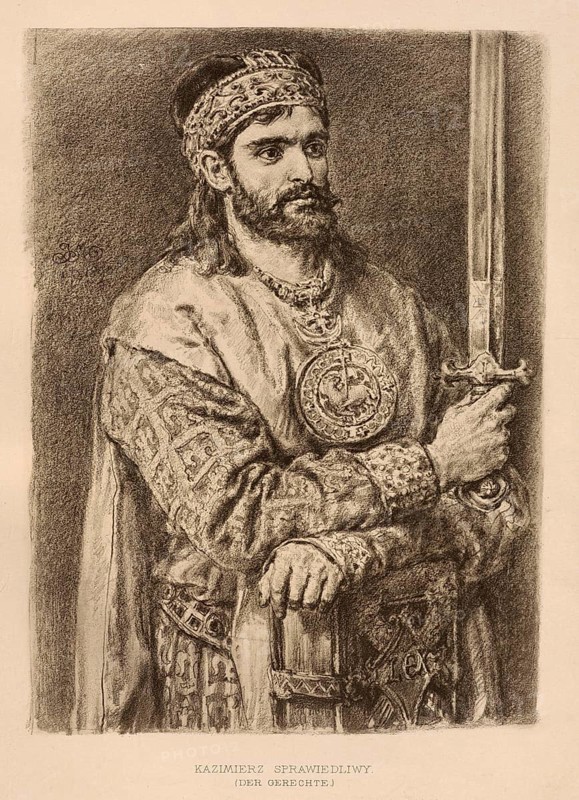 Casimir the Just, Kazimierz II Sprawiedliwy, (born 1138, died 5 May 1194 in Krakow) was Duke of Lesser Poland in Wislica from 1166 to 1173, from 1173 Duke of Lesser Poland in Sandomir, from 1177, as Casimir II, Duke of Lesser Poland in Krakow and thus Senior Duke of Poland, and from 1186 also Duke of Mazovia and Kujawy, authentic, digitally restored reproduction from a 19th century model, exact date of depiction unknown, historical