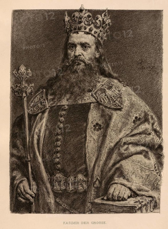 Casimir the Great, Kazimierz III Wielki, (born 30 April 1310 in Kowal, died 5 November 1370 in Kraków) was the youngest son of King Wladyslaw I Ellenlang from his marriage to Hedwig of Kalisch, daughter of Boleslaw, Duke of Greater Poland. Casimir descended from the dynasty of the Kuyavian Piasts and was King of Poland from 1333 as Casimir I, authentic, digitally restored reproduction from a 19th century model, exact date of depiction unknown, Historical