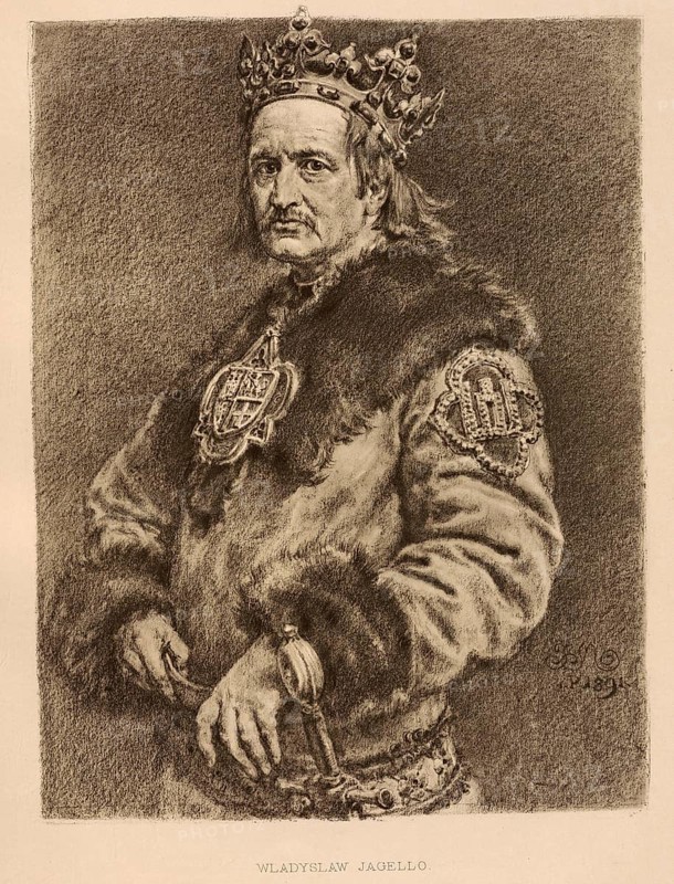 Jogaila (born in front of 1362, died 1 June 1434) was Grand Duke of Lithuania from 1377 to 1381, and again from 1382 to 1401. After his baptism and marriage to the Polish Queen Hedwig of Anjou, he was crowned King of Poland on 4 March 1386 in Kraków as Wladyslaw II. Jagiello and ruled Poland in personal union with his wife until her death on 17 July 1399 and then alone until his death, authentic, digitally restored reproduction from a 19th century model, exact date of depiction unknown, historical