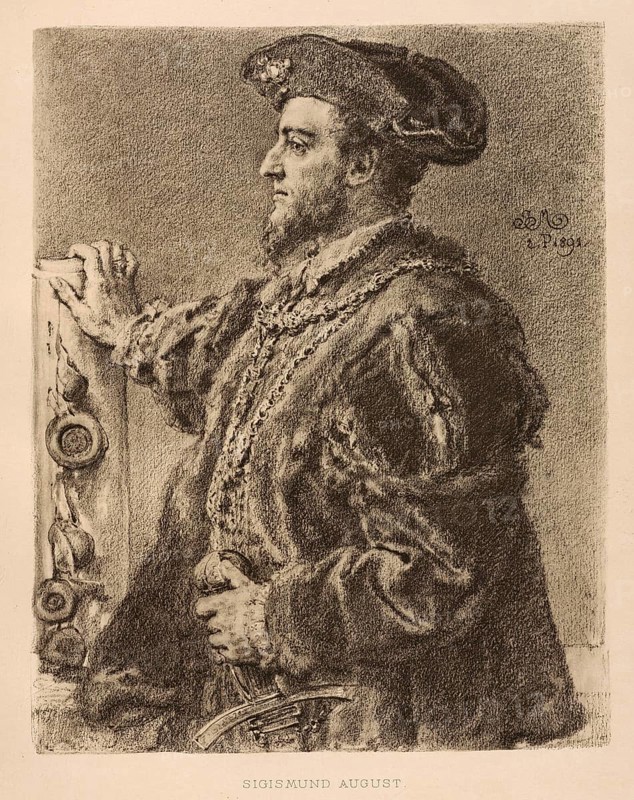 Sigismund II. August, Zygmunt II. August, (1 August 1520 in Krakow, Poland, died 7 July 1572 in Knyszyn, Poland) was Grand Duke of Lithuania from 1529 as Sigismund III and King of Poland from 1530 as Sigismund II. King of Poland, authentic, digitally restored reproduction from a 19th century original, exact date of depiction unknown, historical