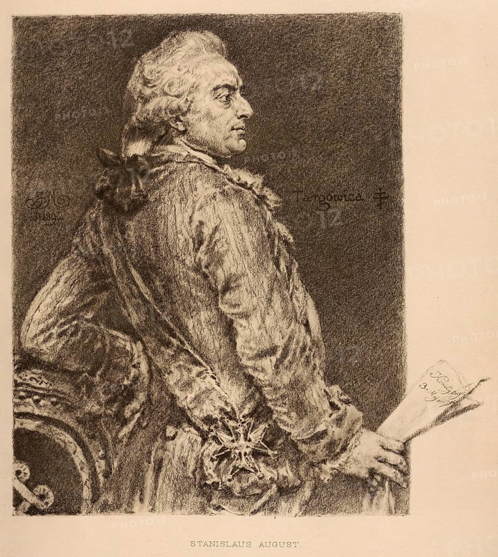 Stanislaw II. August, Stanislaw Antoni Poniatowski, (born 17 January 1732 in Wolczyn, Poland-Lithuania, died 12 February 1798 in Saint Petersburg, Russian Empire) came from the noble Poniatowski family. He was elected King of Poland and Grand Duke of Lithuania in 1764 with the support of the Russian Empress Catherine the Great and reigned as the last of the Polish elective kings until his abdication in 1795, authentic, digitally restored reproduction from a 19th century original, exact date of depiction unknown, Historical