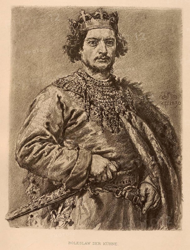 Boleslaw II, known as the Generous, also known as the Bold (Polish: Boleslaw II. Szczodry or Smialy, born 1042, died 22 March 1081 in Hungary), was the son of the Polish Duke Casimir I Charles and the Ruthenian Princess Maria Dobroniega. He descended from the Piast dynasty and was Duke of Poland from 1058 and King of Poland from 1076 to 1079, authentic, digitally restored reproduction from a 19th century model, exact date of depiction unknown, Historical