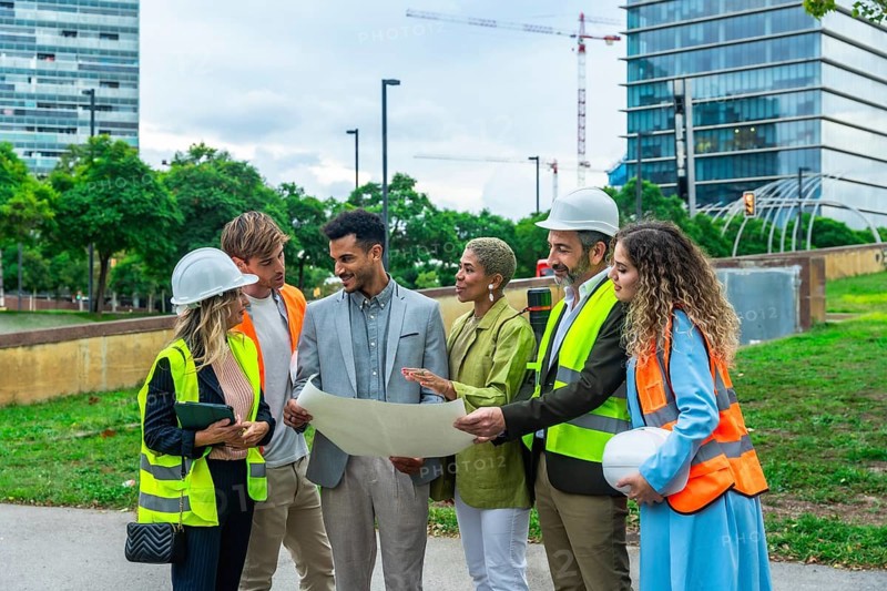 Group of multi ethnic architects, engineers, and executives reviewing blueprints and discussing plans for a new city development, symbolizing teamwork, innovation, and professional collaboration