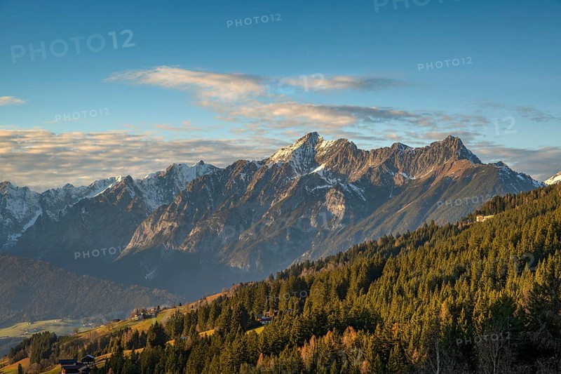 Pillberg above Pill, behind it the Inn Valley and the Karwendel Mountains, Pillberg, Pill, Tyrol, Austria