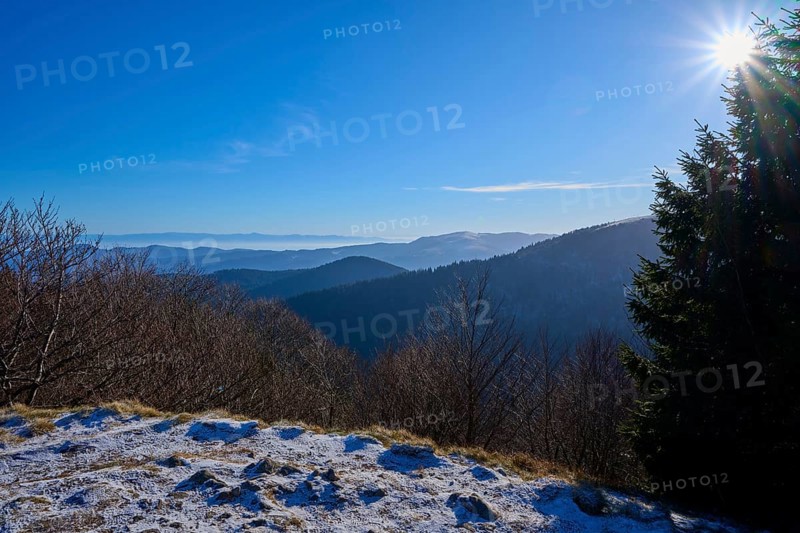Clear landscape with snow-capped mountains and bright blue sky, view of the Rhine Valley, viewpoint, Martinswand, Frankental, Vosges, France