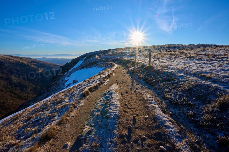 A sunny trail leads over a frosty mountain surrounded by clear air and blue skies, winter, Route de Cretes, Hohneck, La Bresse, Vosges, France