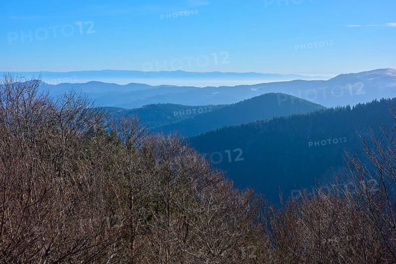 Gentle mountain silhouettes stretch into the distance under a clear sky, morning, viewing, Rhine Valley, Martinswand, Frankental, Vosges, France