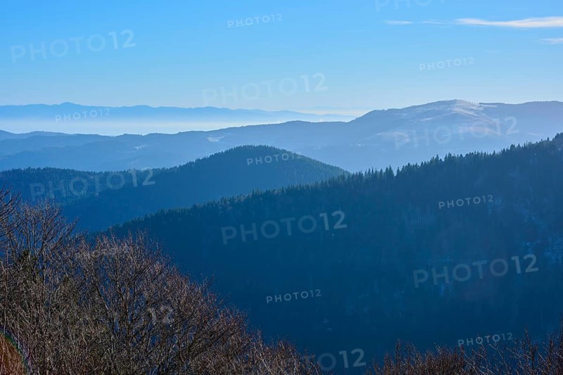 View of foggy mountain ranges and forests under clear sky, morning, viewing direction, Rhine Valley, Martinswand, Frankental, Vosges, France