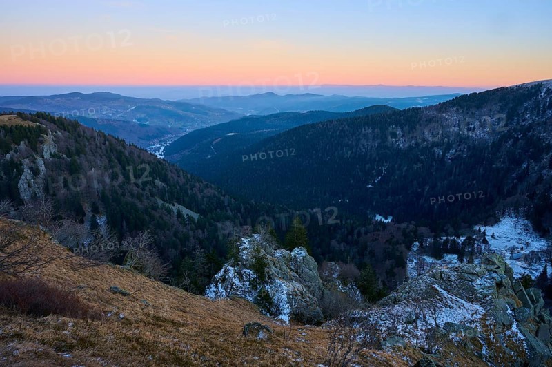 Hilly landscape at sunset with distant view, view of the Rhine Valley, viewpoint, La Gorge de Pierrel, Martinswand, Frankental, Vosges, France