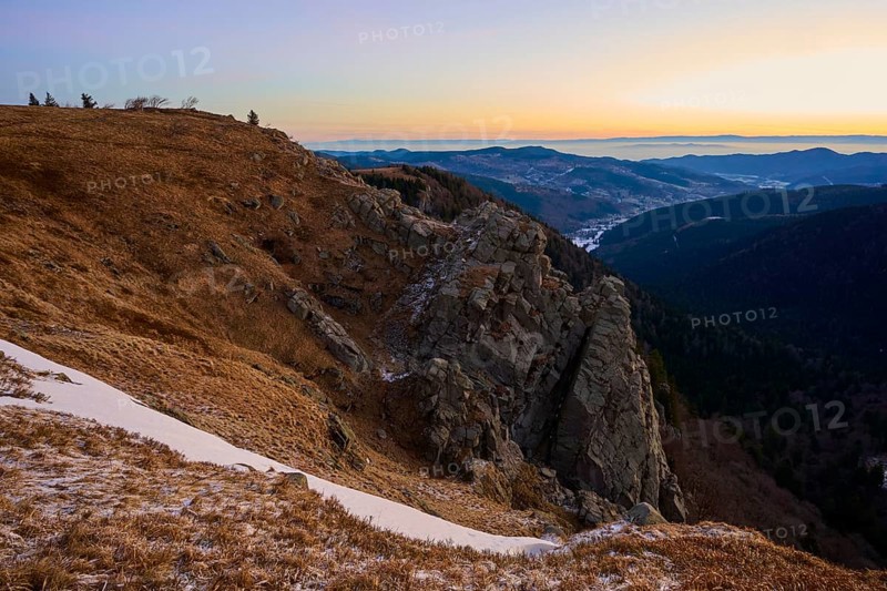 Rocky hill at sunset with a wide view, looking towards the Rhine Valley, viewpoint, La Gorge de Pierrel, Martinswand, Frankental, Vosges, France