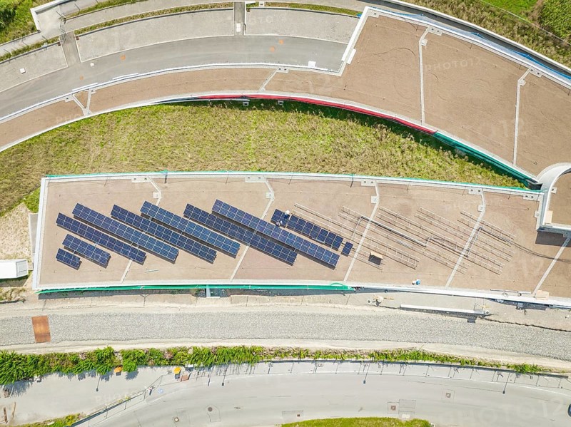 Top view of a roof area with installed solar system, aesthetically arranged, new park and ride parking garage Calw Heumaden on the new Hermann Hessebahn, Calw, Germany