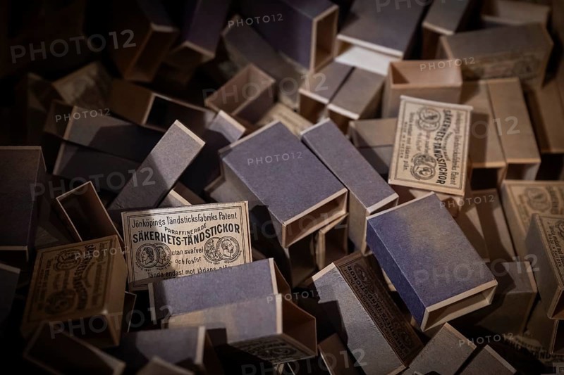 Old matchboxes covered with historical motifs, Tändsticksmuseet matchstick museum or match museum, Jönköping, Jönköpings län, Sweden