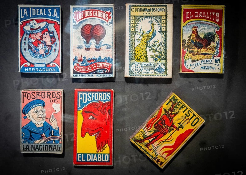 Matchboxes with old label design and different motifs, Tändsticksmuseet matchstick museum or match museum, Jönköping, Jönköpings län, Sweden