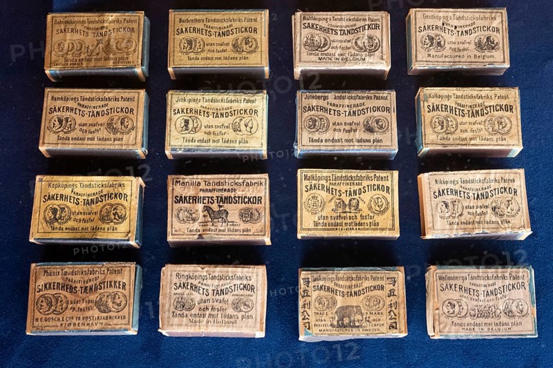 Matchboxes with old label design, Tändsticksmuseet Match Museum or Match Museum, Jönköping, Jönköpings län, Sweden