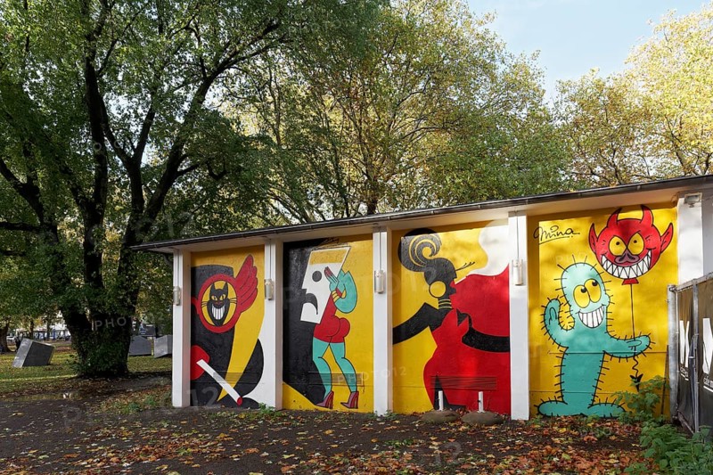 Wall painting series by street art artist Mina Mani at the Kubus Kunsthalle, Immanuel-Kant-Park, Duisburg, North Rhine-Westphalia, Germany