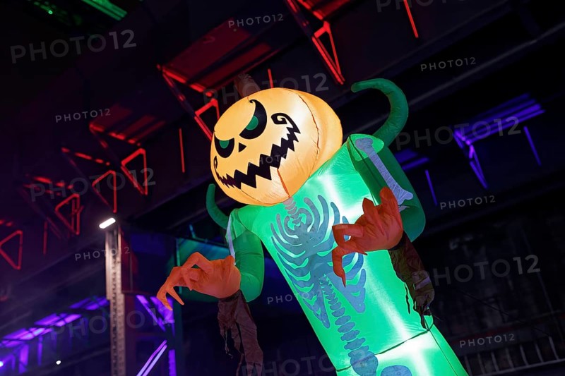 Illuminated scary figure at Halloween Run, night run in the Duisburg-Nord Landscape Park, Duisburg, Germany, North Rhine-Westphalia, Germany