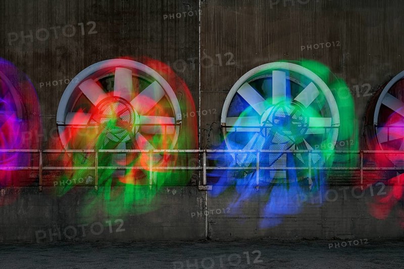 Light painting, color-lit fans of the former cooling plant, Landschaftspark Duisburg-Nord, Duisburg, Germany, North Rhine-Westphalia, Germany