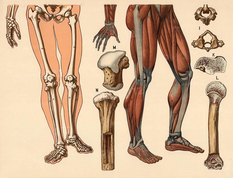 Medical illustration, human body, skeleton, bone structure and muscles, school picture, authentic reproduction of a school mural, around 1900, exact date unknown, historical