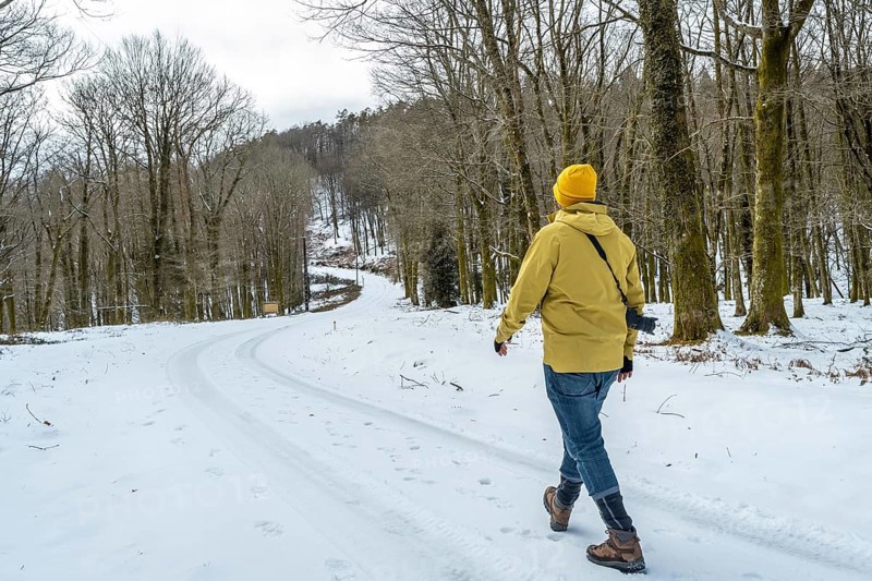 Man with camera backpack trekking a winding snowy path through a bare winter forest, enjoying peaceful solitude and scenic outdoors on a cold overcast hiking trail