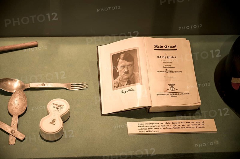 Book Mein Kampf with portrait and signature of Hitler in a museum exhibition at the Kiberg Partisan Museum, Troms, Norway