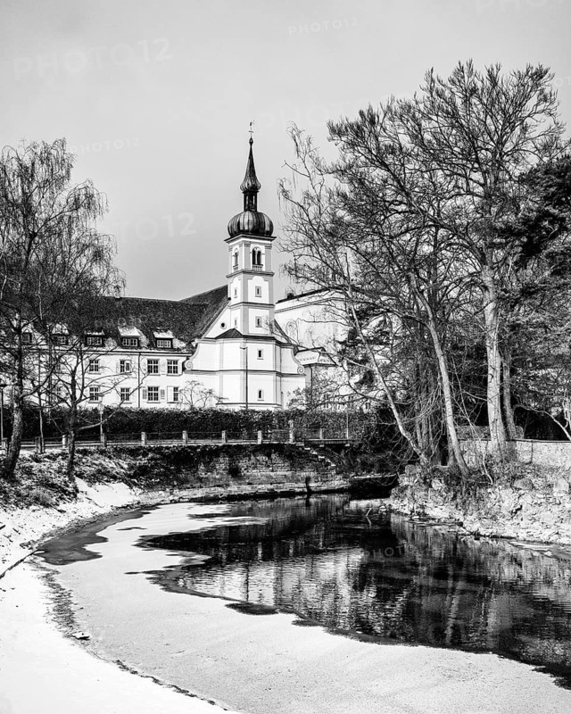The island channel on the banks of Lake Constance with the Christ Church of St. Konrad, black and white photography, district of Constance, Baden-Württemberg, Germany