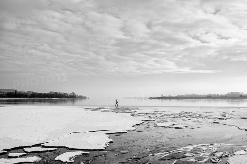 A person walks on a frozen lake under a cloudy sky in a wintry landscape, black and white photography, Radolfzell am Lake Constance, district of Konstanz, Baden-Württemberg, Germany
