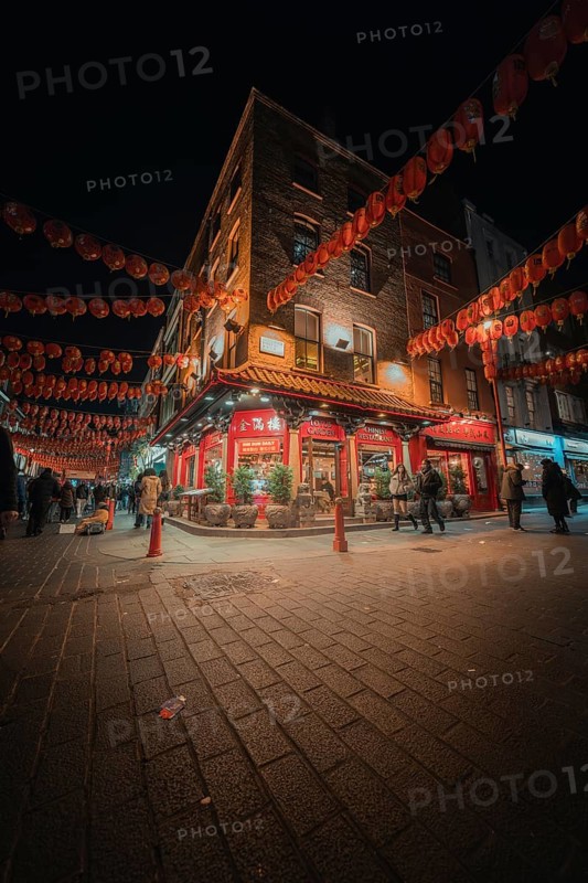 Illuminated street in China Town at night with red lanterns, China Town London, England, Great Britain