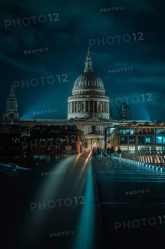St Paul Cathedral with illuminated bridge in the foreground and urban night atmosphere, London, England, Great Britain