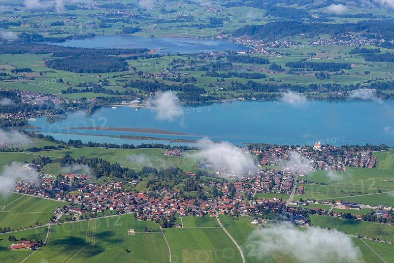 Panorama from Tegelberg, 1881m, on Schwangau, Waltenhofen, Forggensee and Hopfensee, Füssener Land, Ostallgäu, Bavaria, Germany