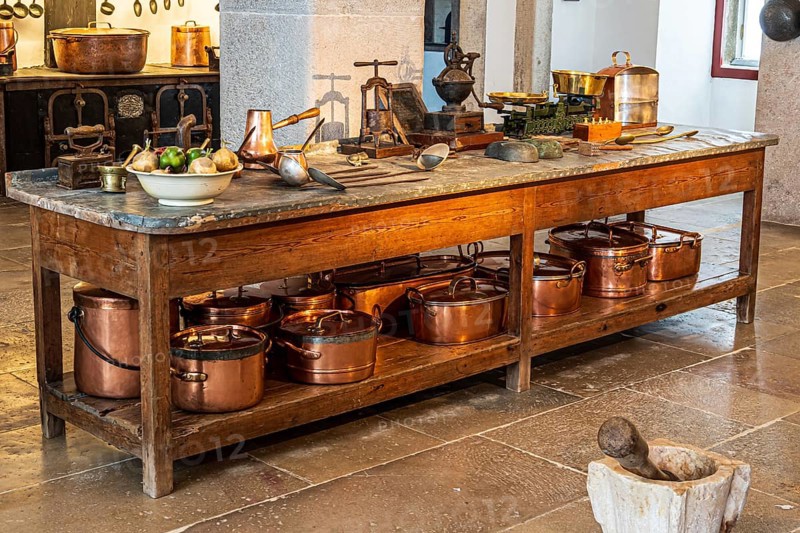 Copper pots and copper pans, kitchen of the palace Palácio Nacional da Pena, Sintra, Portugal