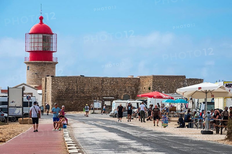 Lighthouse and souvenir shops at cape Cabo de Sao Vicente, Algarve, Portugal
