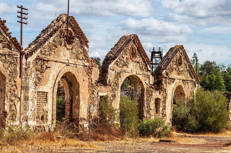 Ruins of former workshop halls, Mina de Sao Domingos, historic copper open-pit mine, Portugal