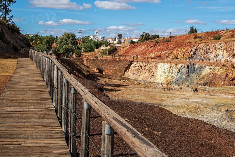 Terraces built for ore extraction, Mina de Sao Domingos, historic copper open-pit mine, Portugal