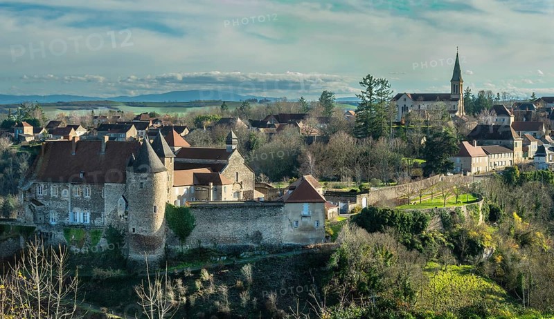 View of St Vincent's Abbey Church of Chantelle. Allier department. Auvergne Rhone Alpes. France