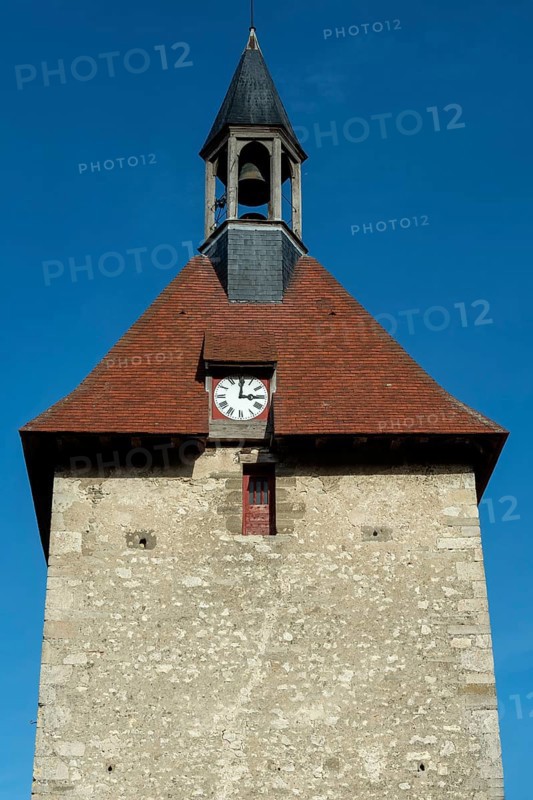 Charroux labelled The Most Beautiful Villages of France, Belfry and the door of the clock, Allier department, Auvergne-Rhone-Alpes, France