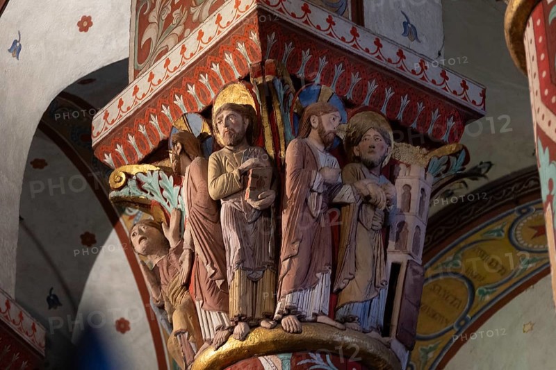 Issoire. Pillar (Appearance of Christ after Resurrection), Saint Austremoine Roman church, Auvergne, France