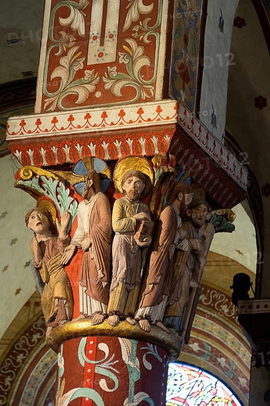 Issoire. Pillar (Appearance of Christ after Resurrection), Saint-Austremoine roman chuch, Auvergne Rhone Alpes, France