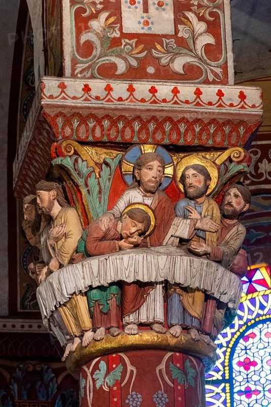 Issoire. Pillar (Last Supper), Roman church Saint Austremoine, Auvergne Rhone Alpes, France