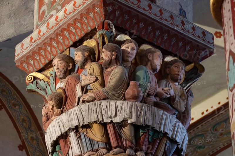 Issoire, pillar (Last Supper), Saint-Austremoine Roman church, Puy de Dome department, Auvergne Rhone Alpes, France