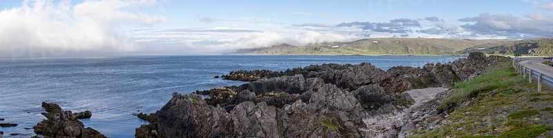 Atmospheric coastal landscape with cloudy sky over a vast sea on the coastal road in the north of the Varanger Peninsula with shags (Gulosus aristotelis) sitting on the rocky shore, Berlevåg, Finnmark, Norway