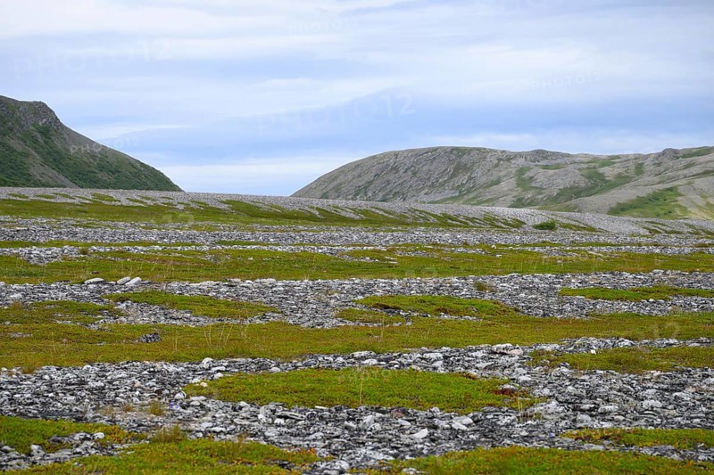 Old beach walls with a mix of grass and rocks under a cloudy sky, Store Molvik, Berlevåg, Finnmark, Norway
