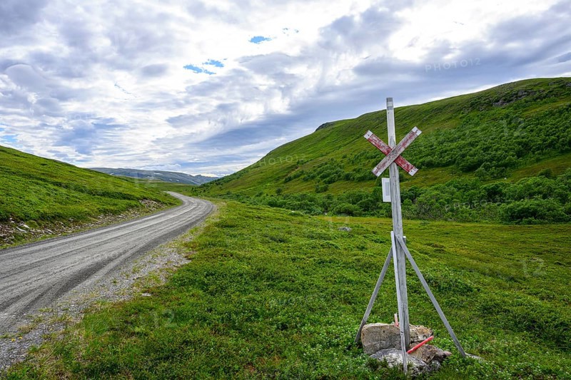 A lonely road with a road sign in a green hilly landscape under a partial sky, Berlevåg, Finnmark, Norway