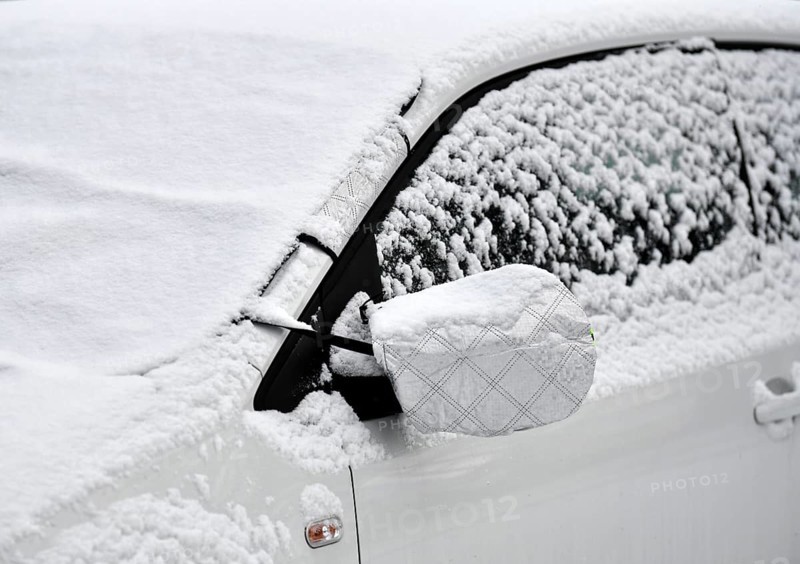 Winter car with windshield cover, on windshield, rearview mirror, thermal window protector, mirror cover, parked, frozen, snow, snow-covered, Stuttgart, Baden-Württemberg, Germany