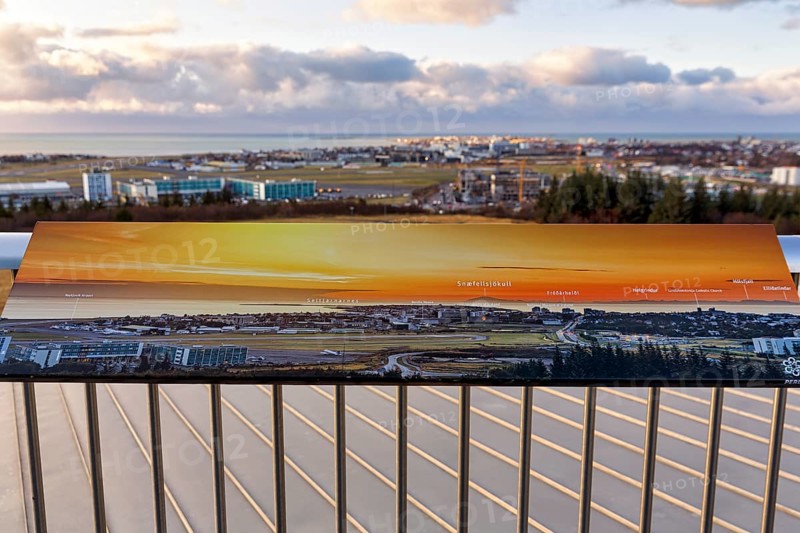 View from Perlan towards the airport, museum, observation deck, landmark, panoramic view with information board, Reykjavík, Iceland