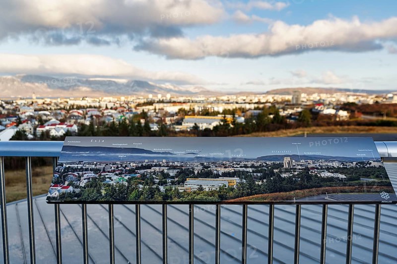 View from Perlan, museum, observation deck, landmark, panoramic view with information board, Reykjavík, Iceland