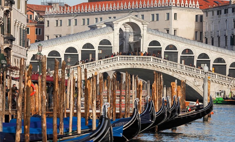 Gondolas in front of the Rialto Bridge on the Grand Canal, Rialto, Venice, Veneto, Italy